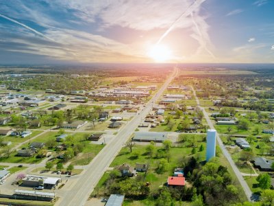 Panorama landscape scenic aerial view of a suburban settlement in a beautiful detached houses the Stroud town Oklahoma US