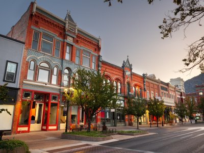 Provo, Utah, USA downtown on Center Street at dusk.